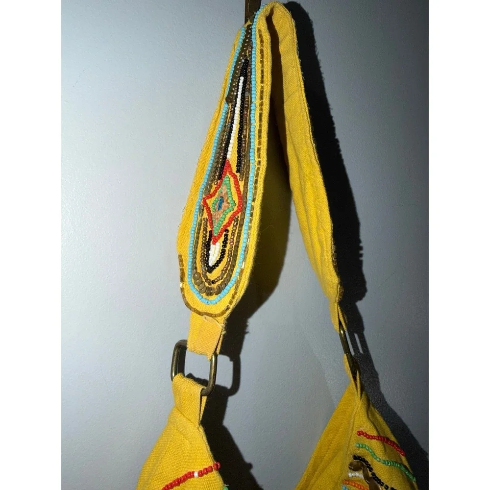 Vintage Nine West yellow canvas hobo bag sequin seed bead embellishment large